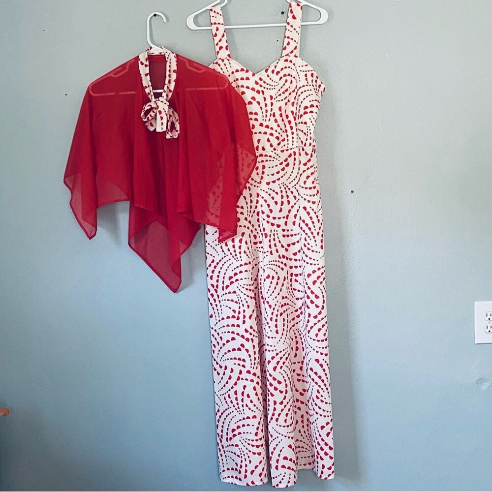 VINTAGE 1970s Jumpsuit / Shawl Large Red White 2 Pc Handmade Polyester Wide Leg